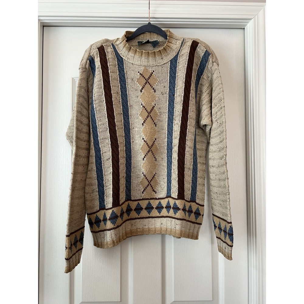 Vintage 90s Liz Wear Argyle Mock Neck Sweater Medium Knit Work Wear Boho Granola